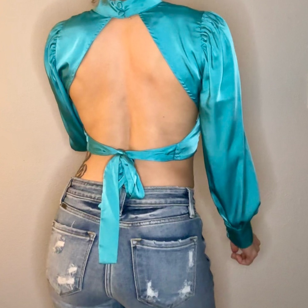 Sexy silky cropped blouse with open back by adelyn rae